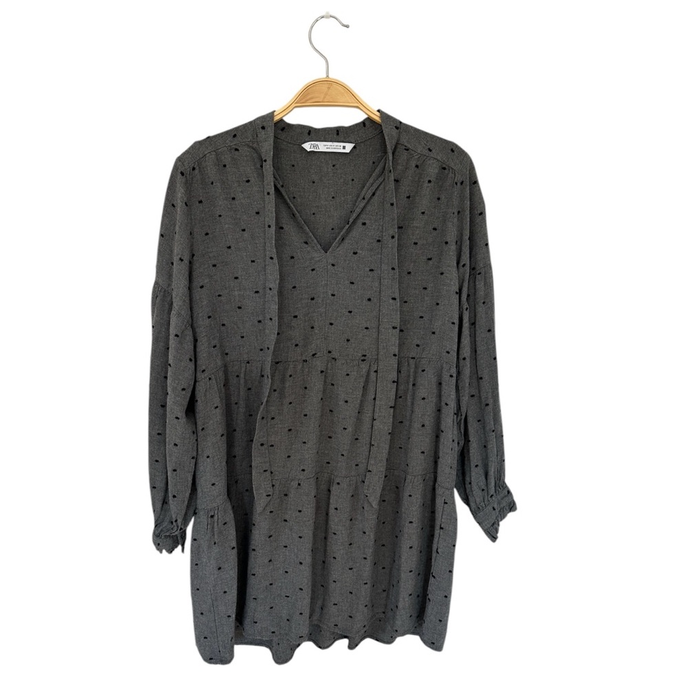 ZARA Gray Polka Dot V-Neck Tie Bow Long Sleeves Swing Mini Dress S